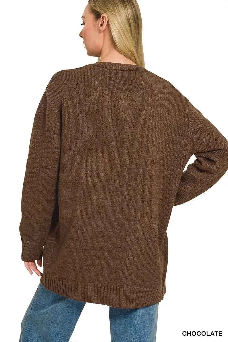 Chocolate Brown Open Front Sweater Cardigan by Zenana