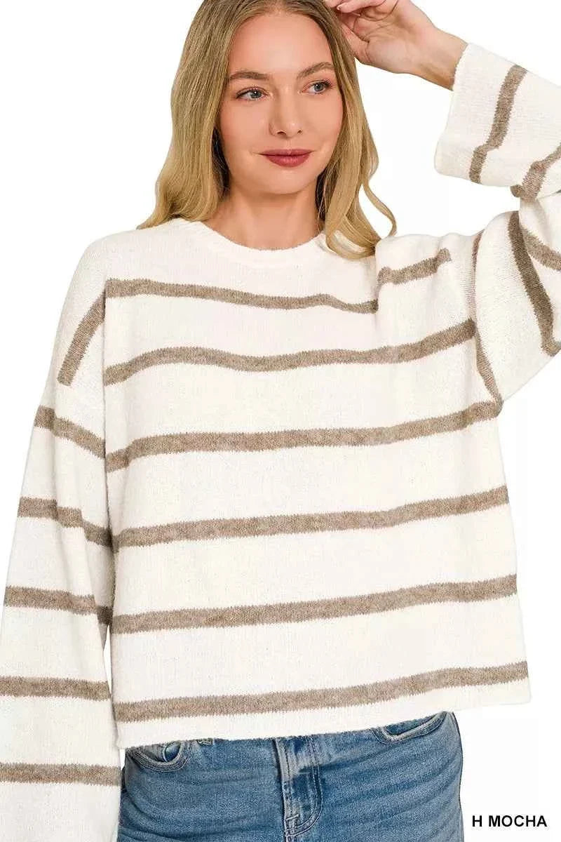 Heather Mocha Striped Wool Blend Sweater by Zenana