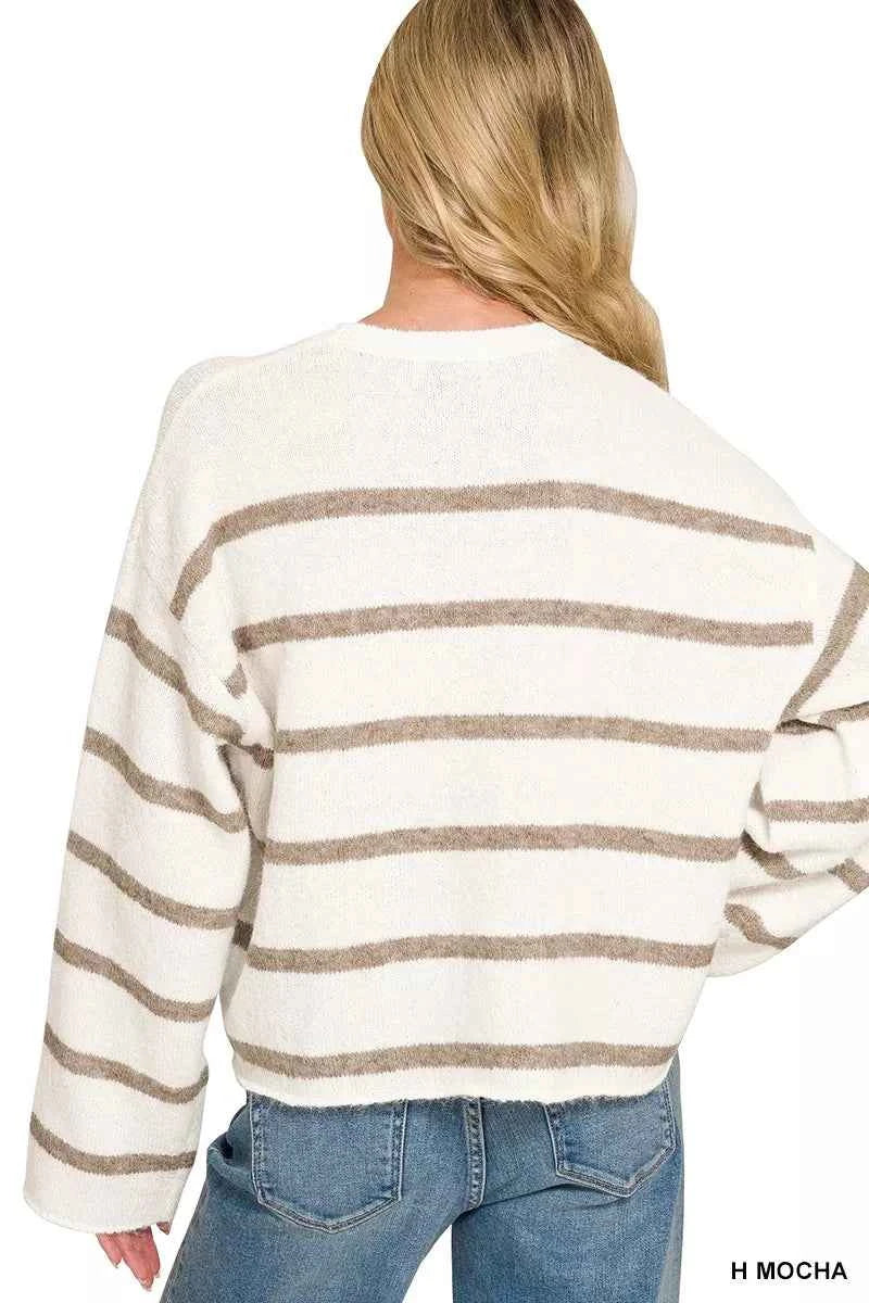 Heather Mocha Striped Wool Blend Sweater by Zenana