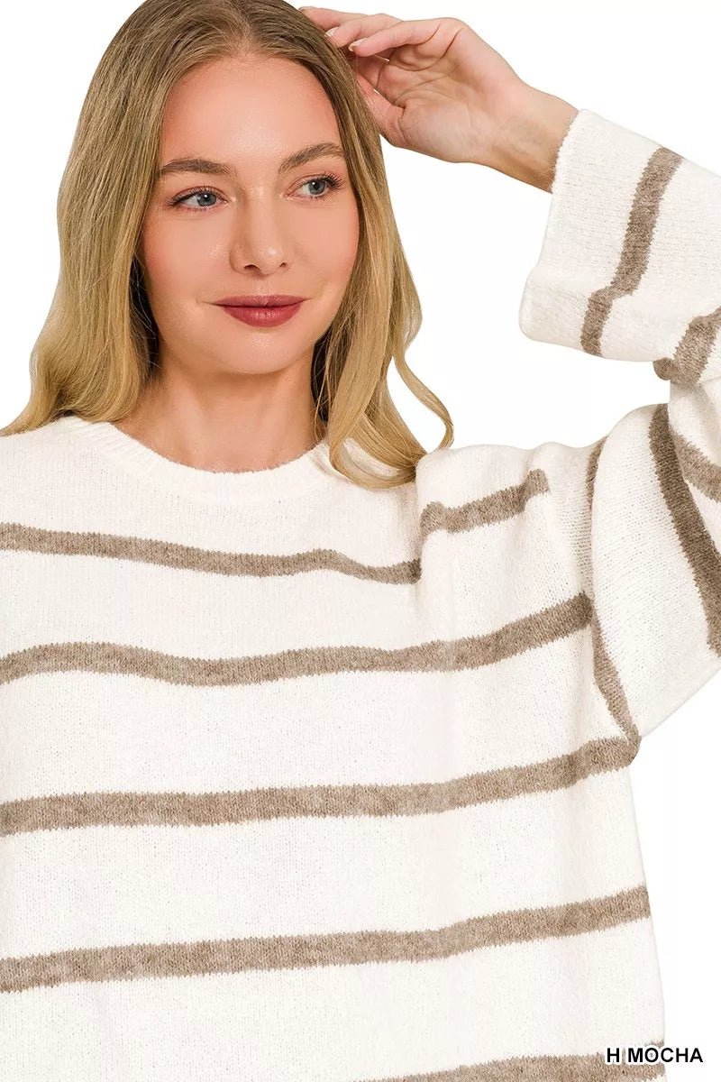 Heather Mocha Striped Wool Blend Sweater by Zenana