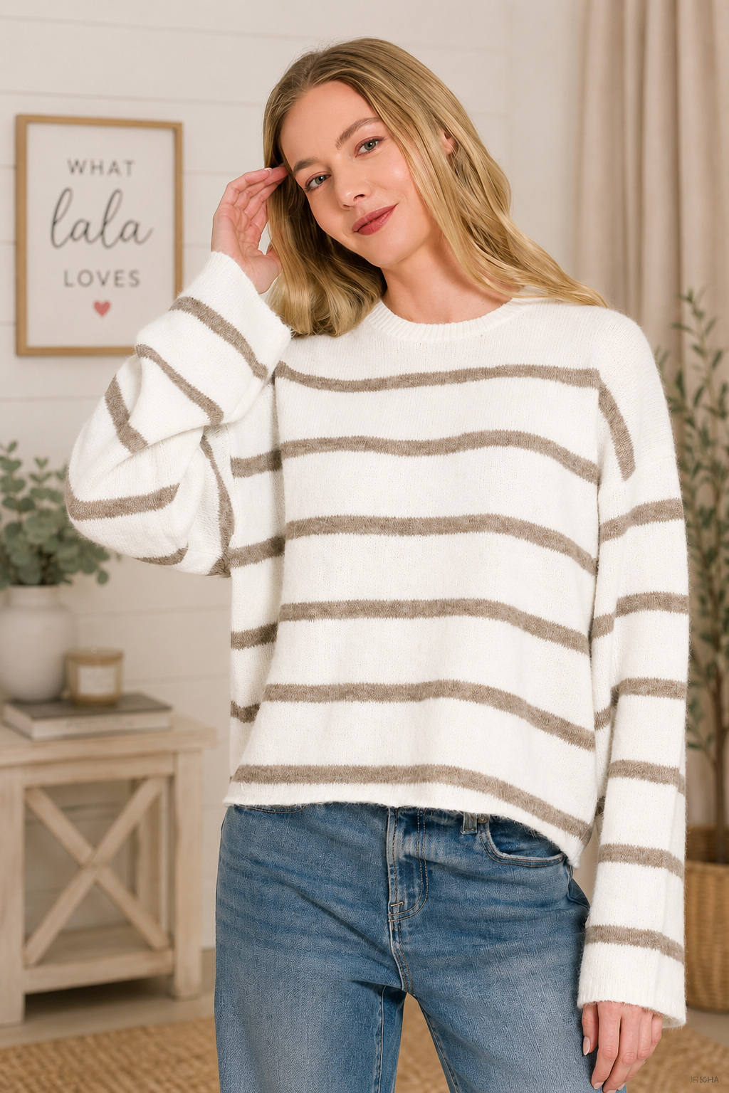 Heather Mocha Striped Wool Blend Sweater by Zenana