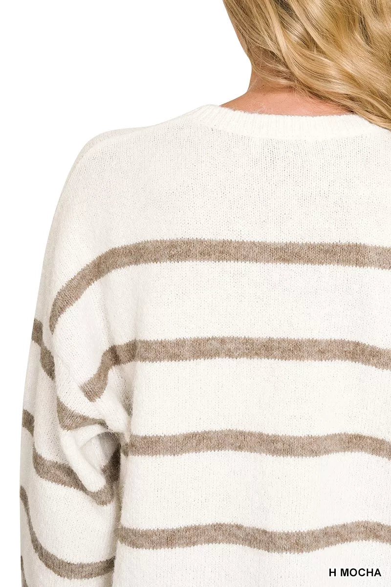 Heather Mocha Striped Wool Blend Sweater by Zenana