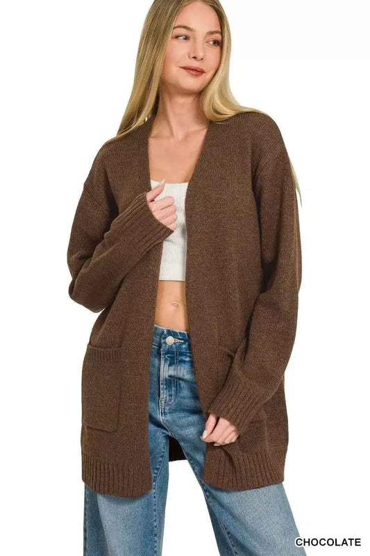 Chocolate Brown Open Front Sweater Cardigan by Zenana