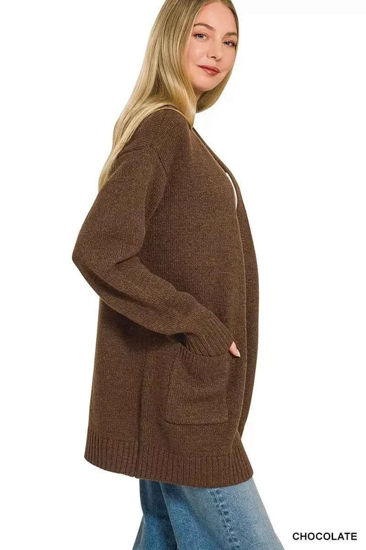 Chocolate Brown Open Front Sweater Cardigan by Zenana