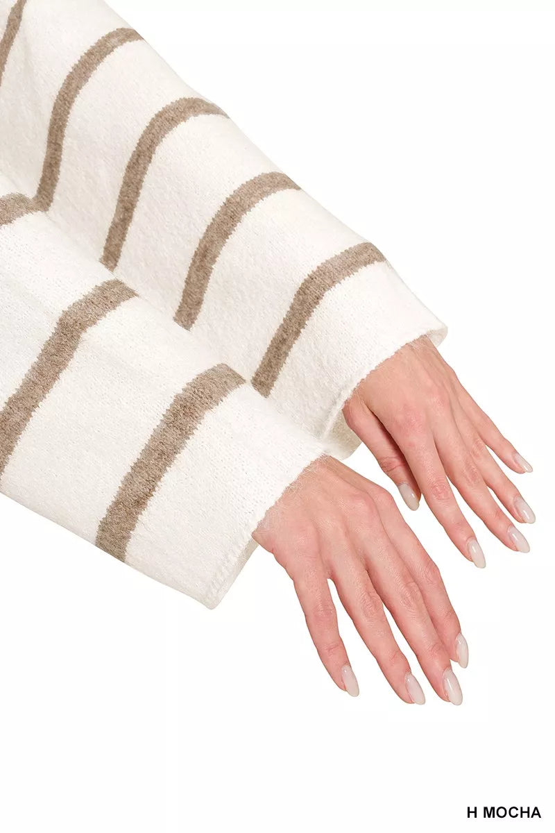 Heather Mocha Striped Wool Blend Sweater by Zenana