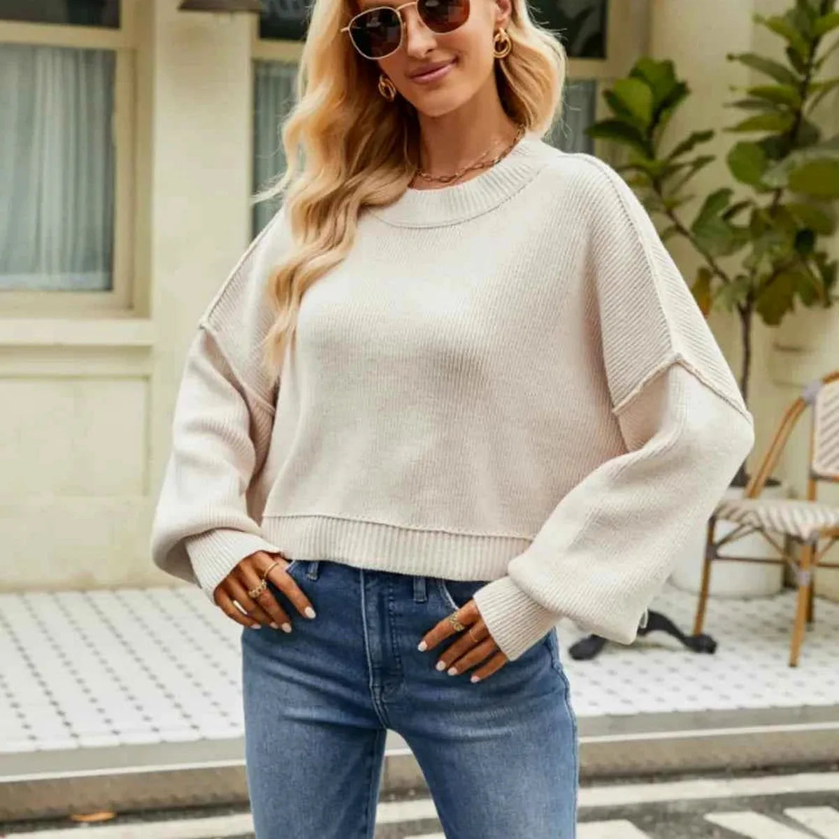 Round Neck Lantern Sleeve Sweater