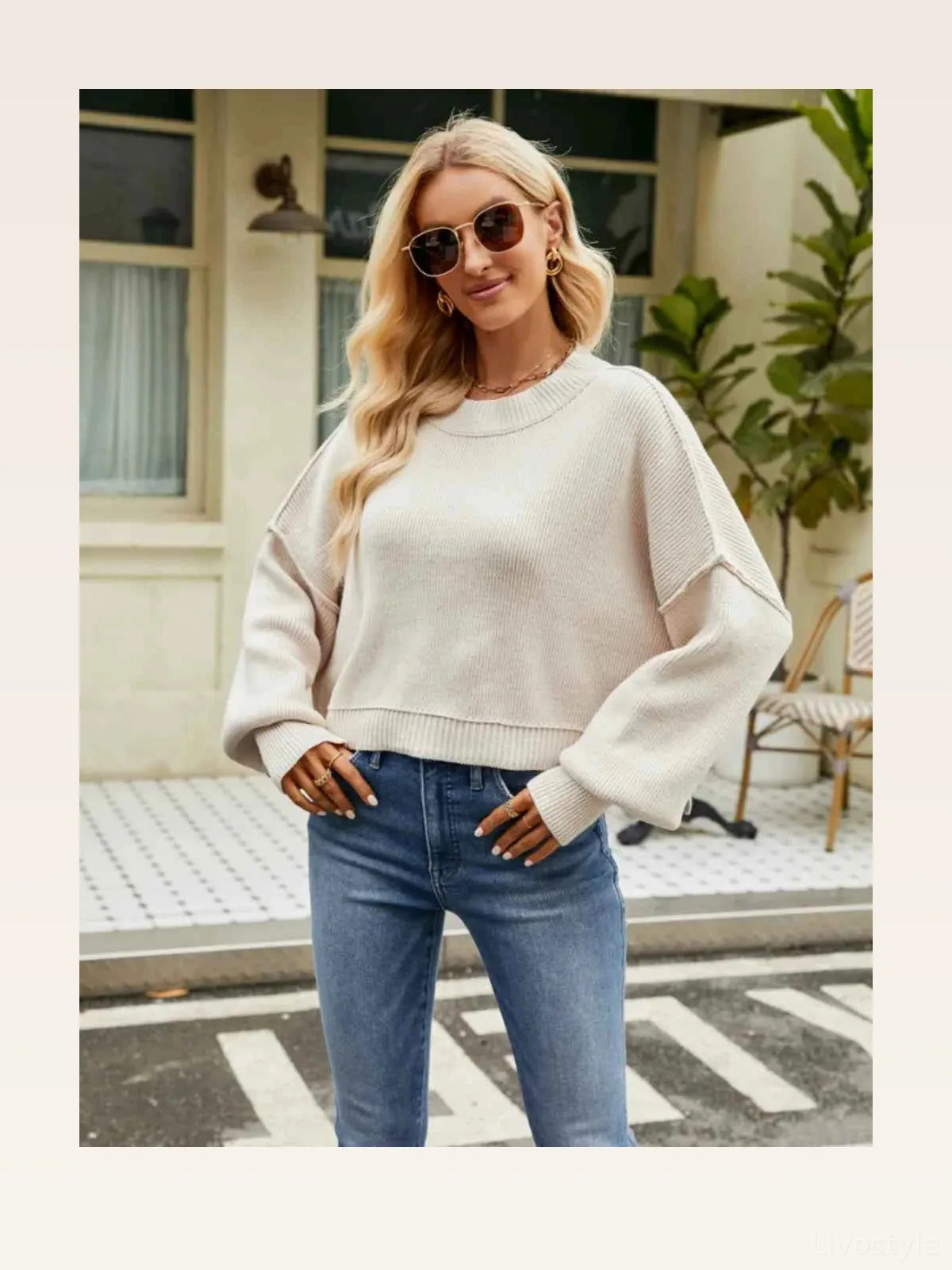 Round Neck Lantern Sleeve Sweater